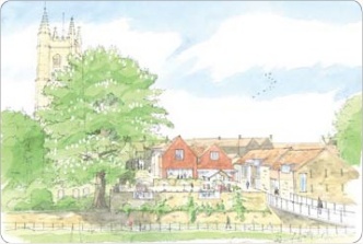 View of no. 37 High Street from new car park with new footbridge over River Frome, reproduced by kind permission of Chelverton Deeley Freed